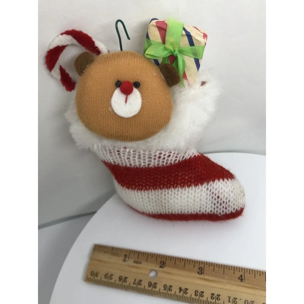 Vtg 1970s Handmade Teddy Bear And Stocking‎ Christmas Ornament 5